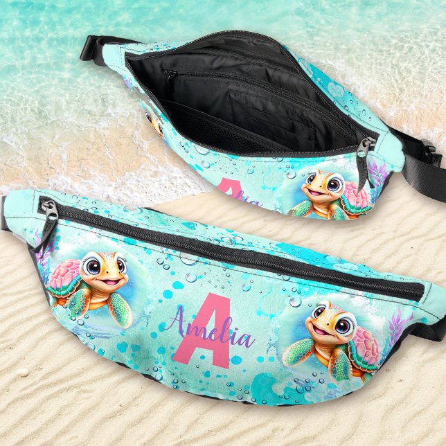 Riñoneras Nombre curado de tortuga Chica oceánica feliz (Cute Happy Turtle Girl Ocean Turquoise Name Fanny Pack)