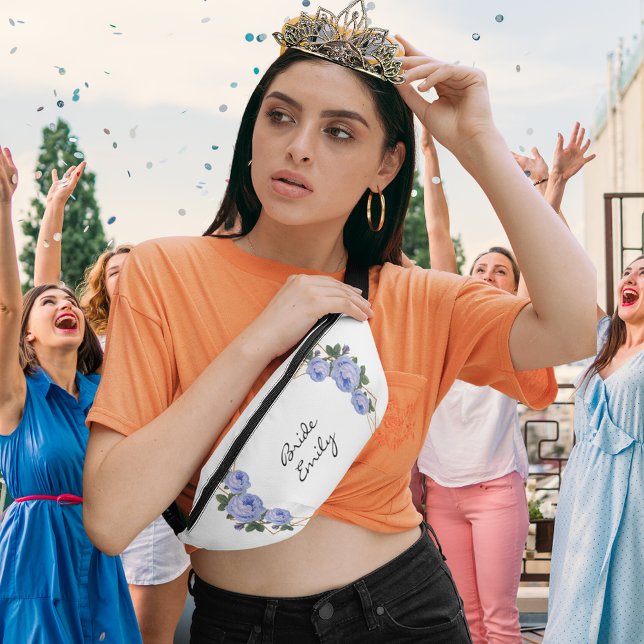 Riñoneras Nombre de la novia Floral Azul Elegante Purpurina  (Bride Name Blue Floral Elegant Gold Glitter Geo  Fanny Pack Cover)