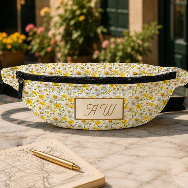 Riñoneras Patrón de flores silvestres amarillas con monogram (Subido por el creador)