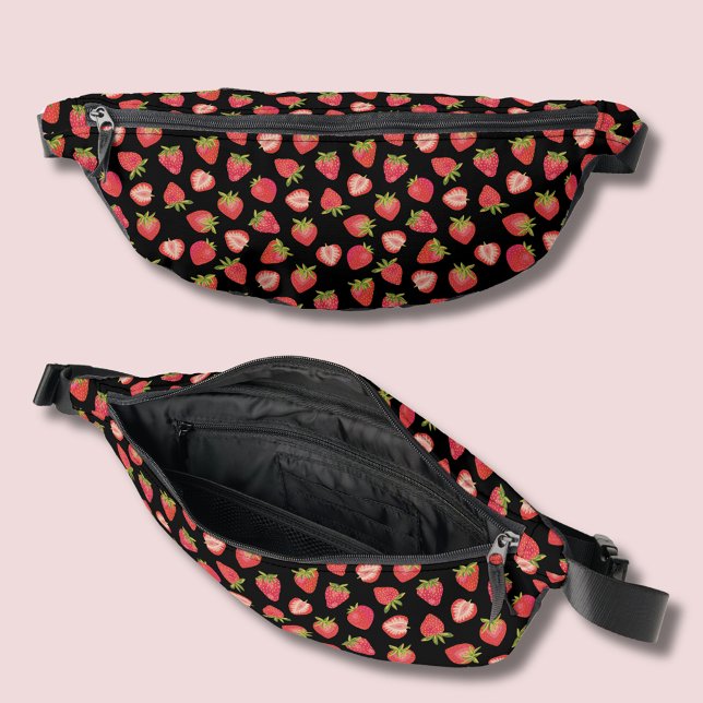 Riñoneras Patrón de fresa rojo negro (Strawberry pattern fanny pack on black background.  Other bag styles available.)