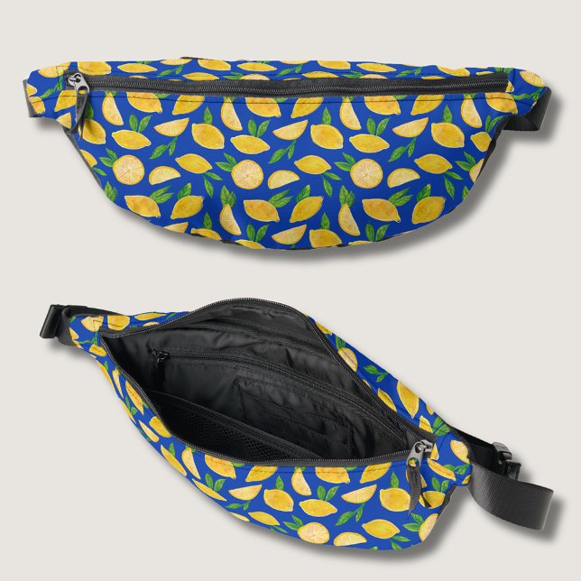 Riñoneras patrón de limón mediterráneo (Citrus lemon, yellow and blue fanny pack. Other bag styles available.)