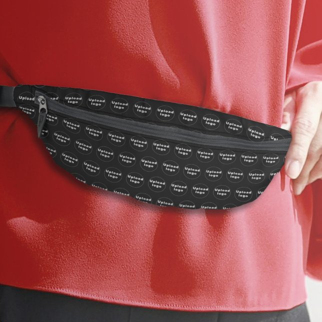 Riñoneras Patrón de logotipo comercial sin inconvenientes en (Business logo seamless pattern on black fanny pack)
