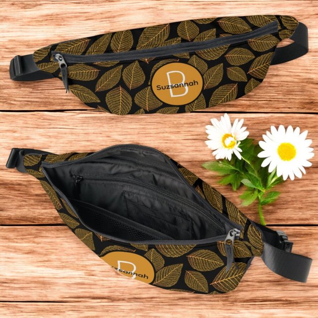 Riñoneras Patrón esqueleto de hoja con monograma inicial (front, top and inside fanny pack template)