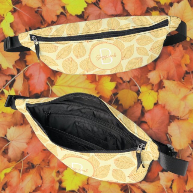 Riñoneras Patrón esqueleto de hoja con monograma inicial (fanny pack front, top and inside with template monogram and name)