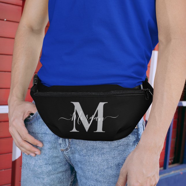 Riñoneras Personalización de Monograma Nombre inicial Negro (Personalize Monogram Initial Name Black Fanny Pack)
