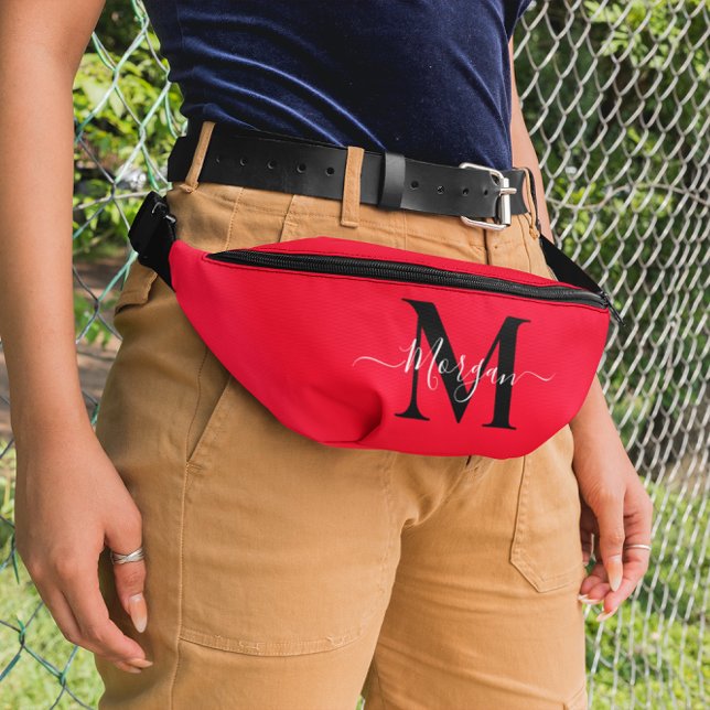 Riñoneras Personalización Monograma Nombre inicial Rojo bril (Personalize Monogram Initial Name Bright Red Fanny Pack)
