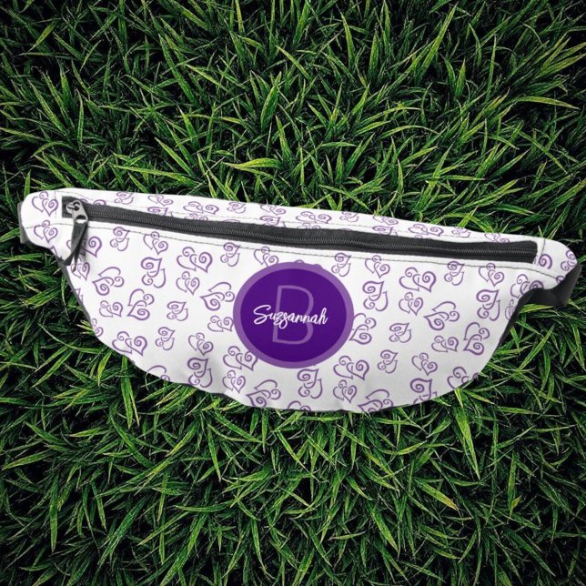 Riñoneras Purple Linked Heart Pattern with Initial Monogram (template name & initial letter monogram fanny pack front)