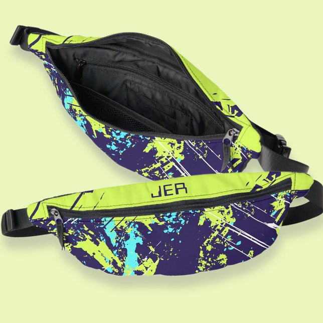 Riñoneras Retro Grunge Paint Splash Monogramado Azul Guay (Retro Grunge Paint Splash Monogrammed Blue Cool Fanny Pack)