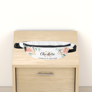 Riñoneras Rosa dorado floral nombre monograma