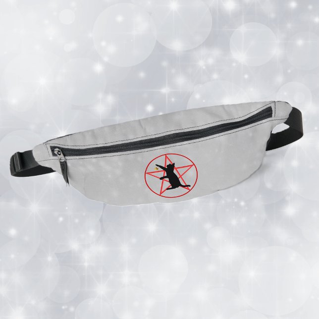 Riñoneras Silhouette Sitting Cat Gold Star Red Pentagram (Black Cat silhouette gold star on red pentagram in circle on grey fanny pack.)