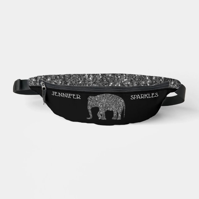 Riñoneras Sparkly Silver Elephant Nombre personalizado negro (Anverso)