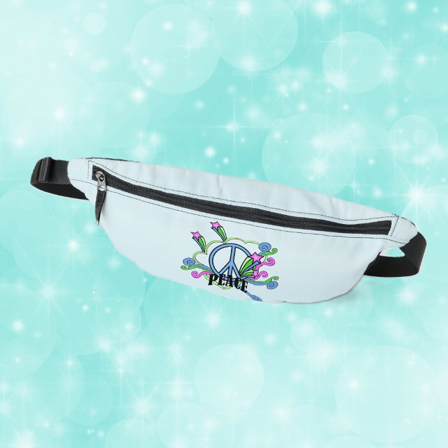 Riñoneras Starr del signo de paz azul de Guay se desplaza so (Cool abstract peace sign with colourful scrolls and pink stars on light blue fanny pack.)