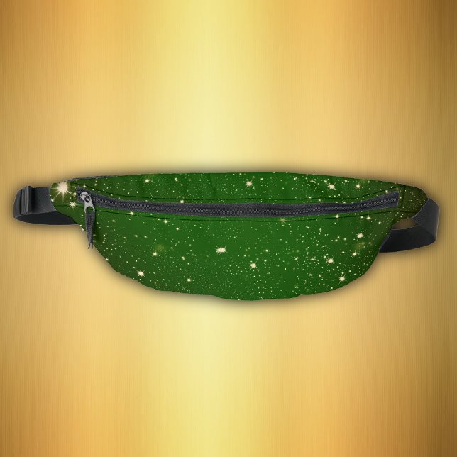 Riñoneras Verde oscuro cubierto de brillantes estrellas de g (Bright twinkle gold stars on dark green celestial themed fanny pack.)