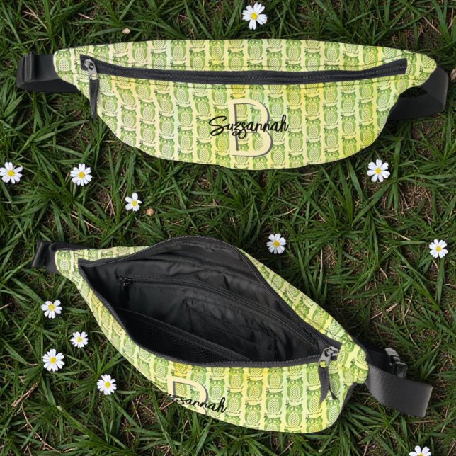 Riñoneras Watercolor Owl Pattern with Initial Monogram (Owl pattern designed fFanny pack view inside, top and front)