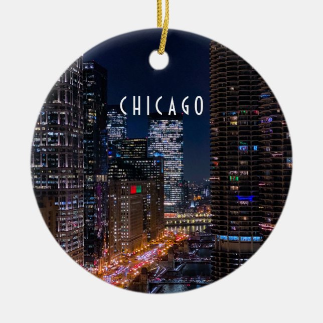 Río Chicago en la noche Ornamento cerámico (Frente)