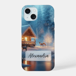 Río, ciervo, cabaña acogedora, pinos congelados