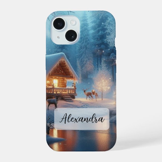 Río, ciervo, cabaña acogedora, pinos congelados (Reverso )