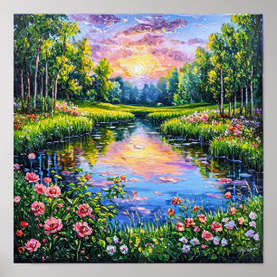 Río con flores floreciendo Arte de paisaje