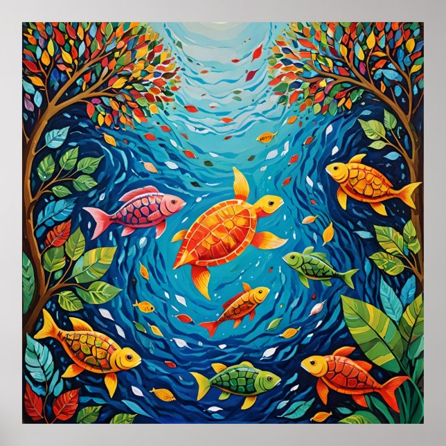 Río de la Vida - Arte de brillantes con peces, ave (Frente)