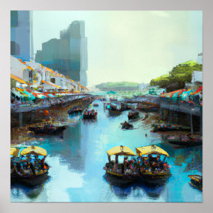 Río de Singapur con barcos Bum - Imprimir arte de