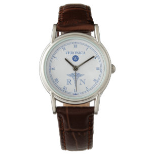 RN Monograma Azul Reloj de Enfermeras Caras Blanca