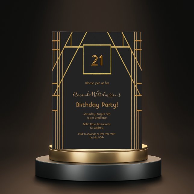 Roaring 20's 21st cumpleaños invitación de oro neg (Subido por el creador)