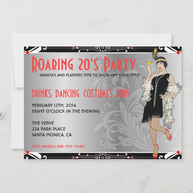 Roaring 20's Flapper Chica invitaciones retro (Anverso)
