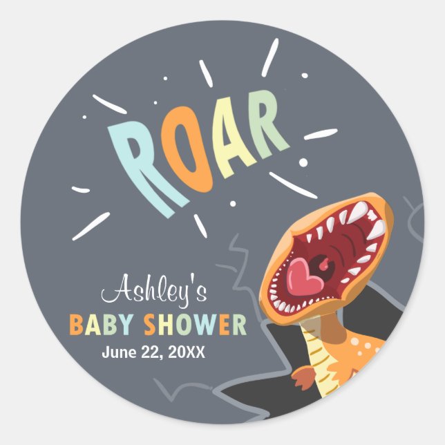 Roaring Dinosaur Baby Shower Pegatina Sello para s (Anverso)
