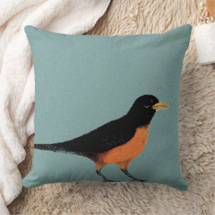 Robin Bird Art sobre fondo azul   COJÍN DECORATIVO