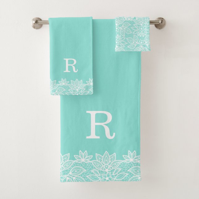 Robin Egg Blue and Lace Monogrammed Bath Toque Set (In situ)