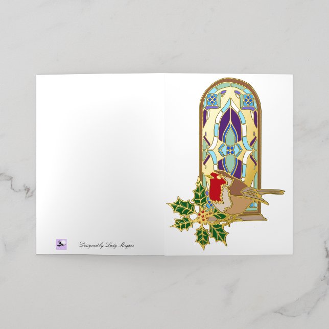 Robin Stained Glass Holly Christmas Card Gold Foil (Distribución Exterior )