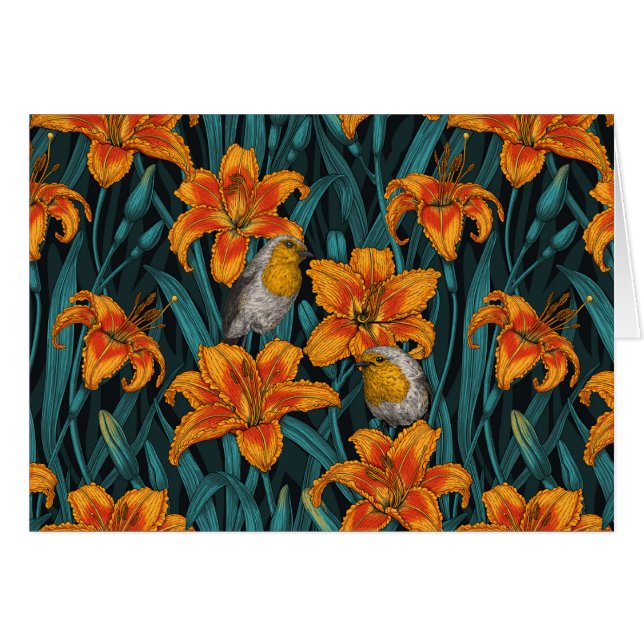 Robins y flores de lirio, naranja y azul (Anverso (Horizontal))