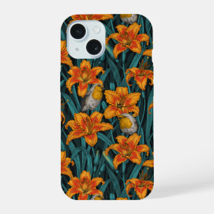 Robins y flores de lirio, naranja y azul