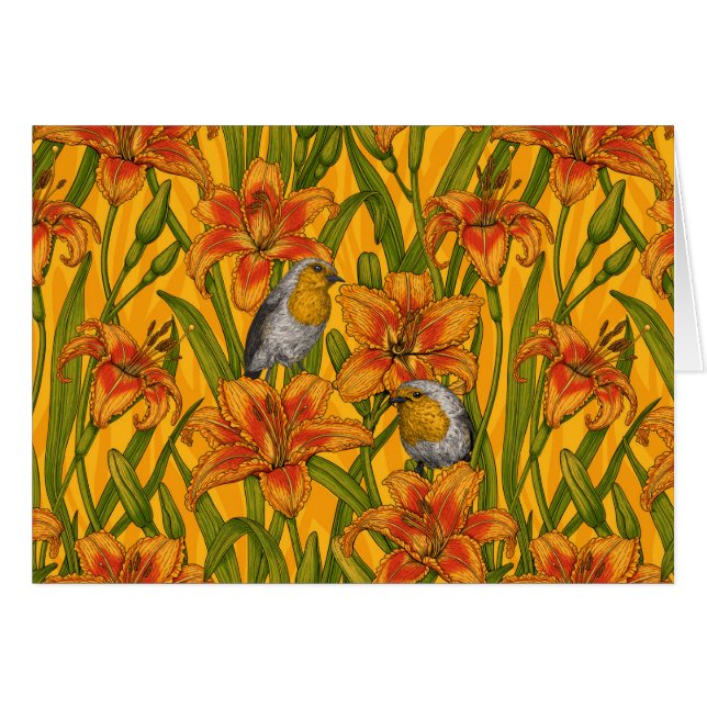 Robins y flores de lirio, naranja y verde (Anverso (Horizontal))