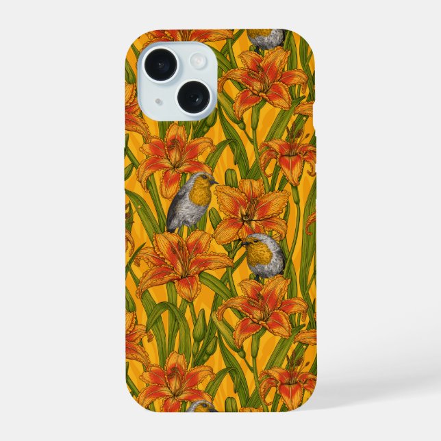 Robins y flores de lirio, naranja y verde (Reverso )