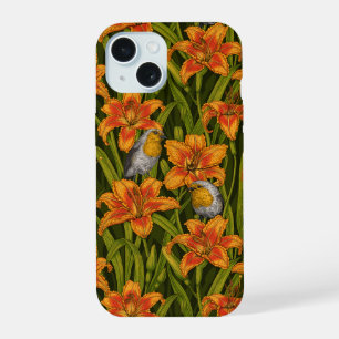 Robins y flores de lirio, naranja y verde oscuro