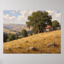 Roble en la ladera y arte impresionista de cabaña 