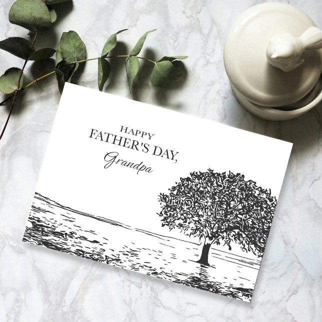Roble Tranquilo — Tarjeta del Día del Padre para A (Minimal oak tree Father’s Day card for Grandpa in black ink on white background.)