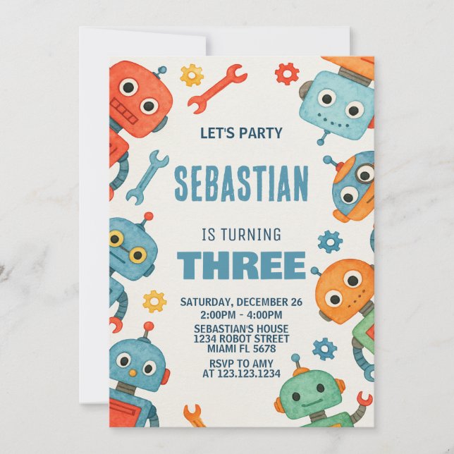 Robot 3 Invitación de cumpleaños (Anverso)