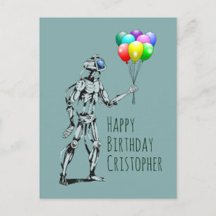 Robot con tarjeta postal de cumpleaños de los glob