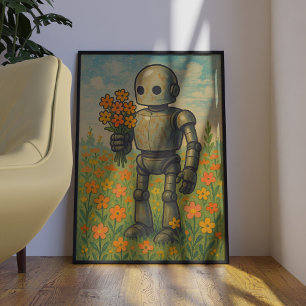 Robot retro lindo con flores Poster de arte de par