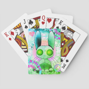 Robot verde conejo kawaii jugando cartas