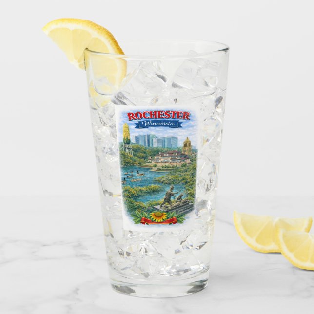 Rochester MN Minnesota Landmarks Glass Cup (Anverso (hielo))