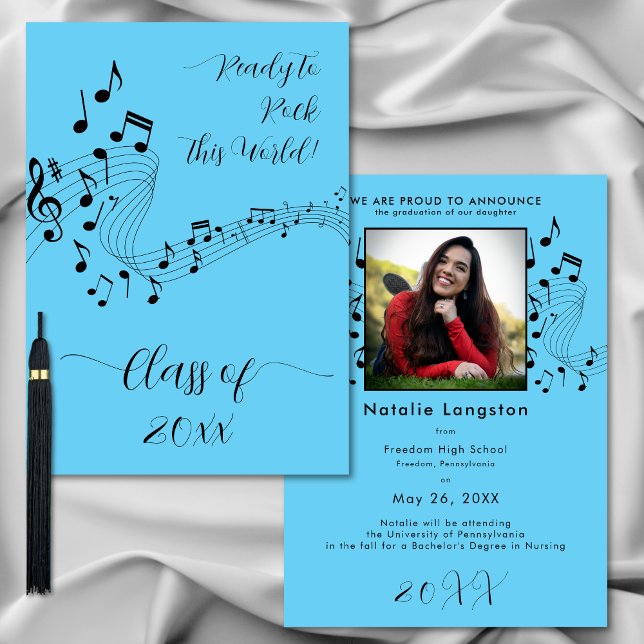 Rock Music Black Blue Photo Graduate Invitación (Rock Music Black Blue Photo Graduate Announcement)