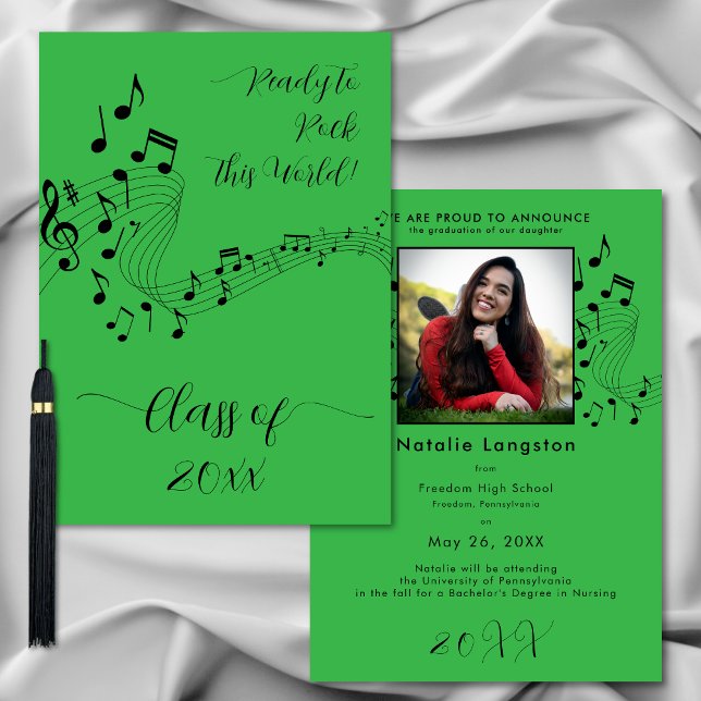 Rock Music Black Green Photo Graduate Invitación (Rock Music Black Green Photo Graduate Announcement)