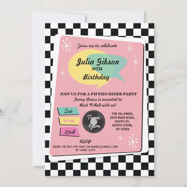 Rock N Roll 1950 Invitación retro rosado de cumple (Anverso)