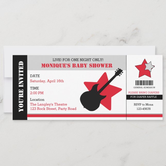 Rock Star Baby Shower Invitación Estilo Ticket (Anverso)