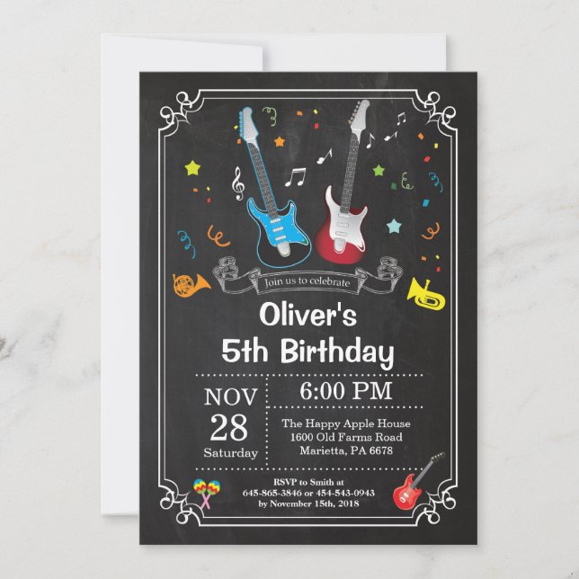 Rock Star Guitar Birthday Invitación a música Boy (Anverso)