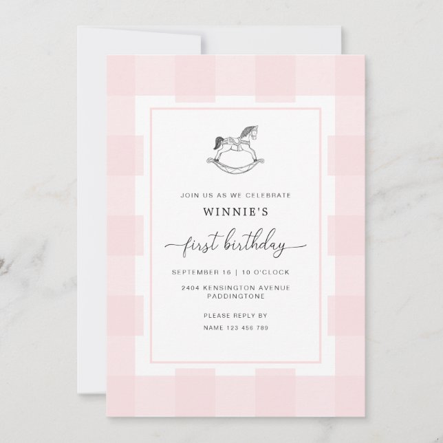 Rocking Horse Pink Gingham Primera Invitación de C (Anverso)