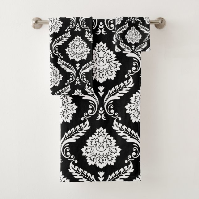 Rococo Damask Patrón Mixto Blanco sobre Negro (In situ)